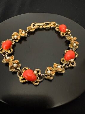 Vintage LJM Ornate Gold Tone Bracelet Red Cabochon Faux Pearl Renaissance Style
